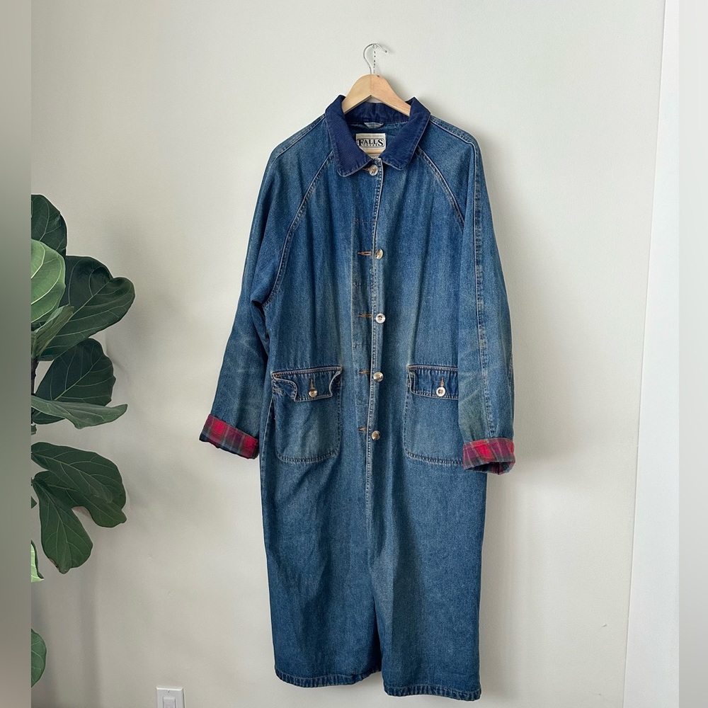 VTG 80s 90s Denim Trench Corduroy Collar Plaid Cuff Barn Work Coat Streetwear